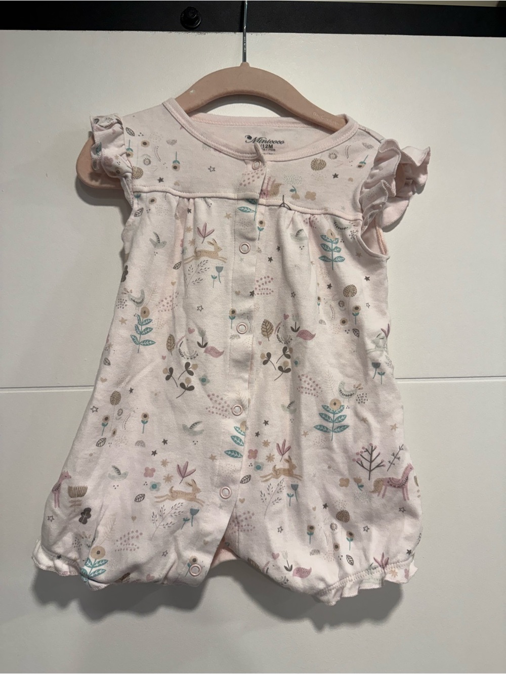 Minicoco Cream and Pink Woodland Print Bubble Romper 9/12m Baby Girl
